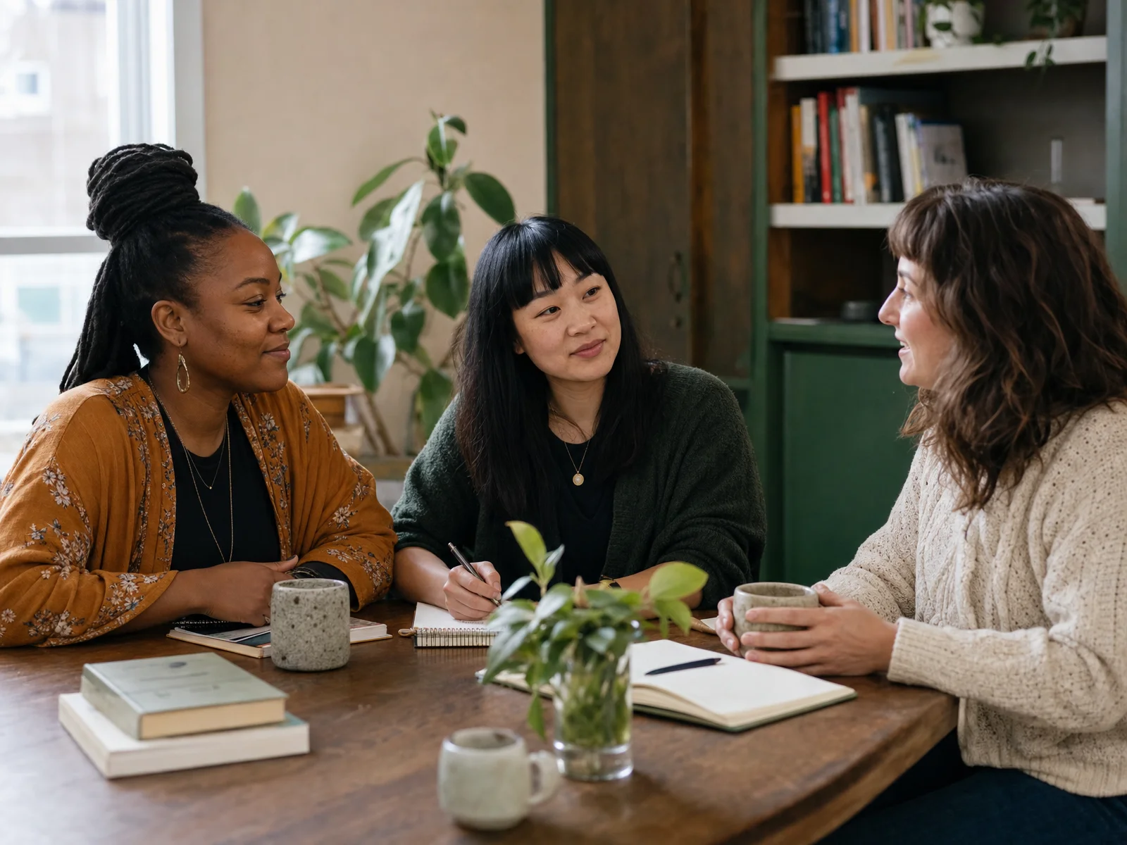 Birth workers meeting around a table with notebooks and tea