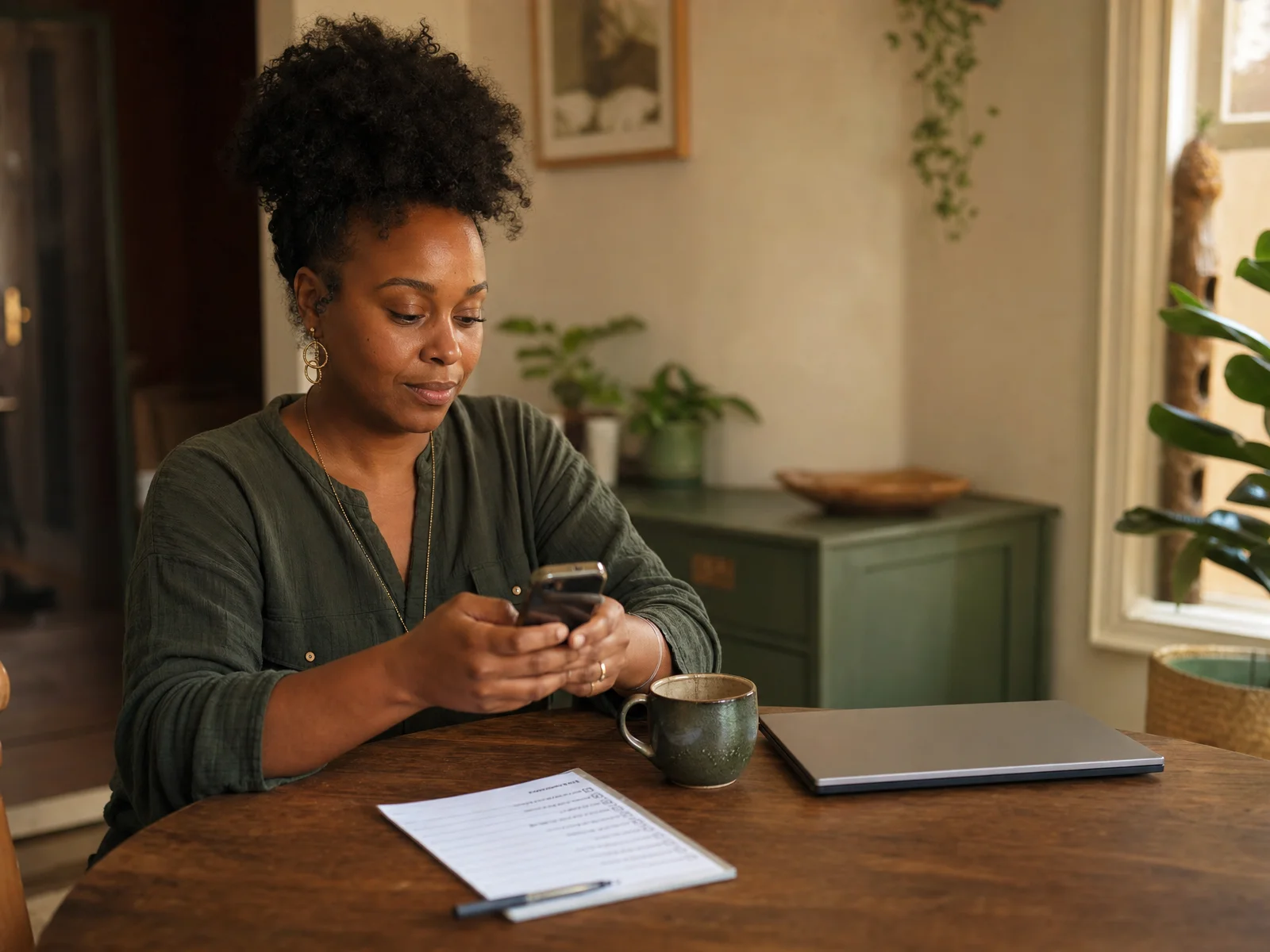 A doula reviewing her phone at the kitchen table between client visits
